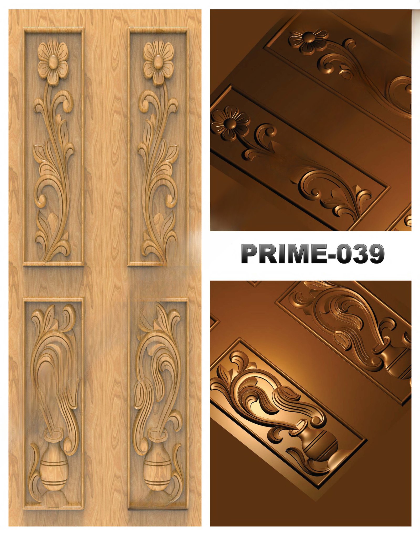 prime designs - PRIME-39 Elegant Floral and Vase Motif Carved Door 3D Model